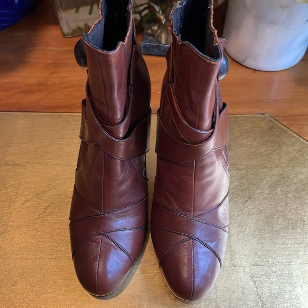Miu Miu Capretto Stitch Cotto Leather Booties in Brown Leather and Copper